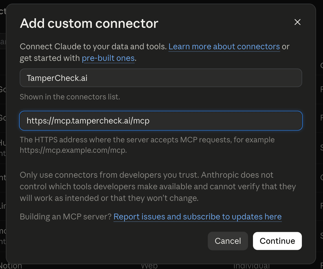 Add custom connector dialog with the name TamperCheck.ai and the URL https://mcp.tampercheck.ai/mcp