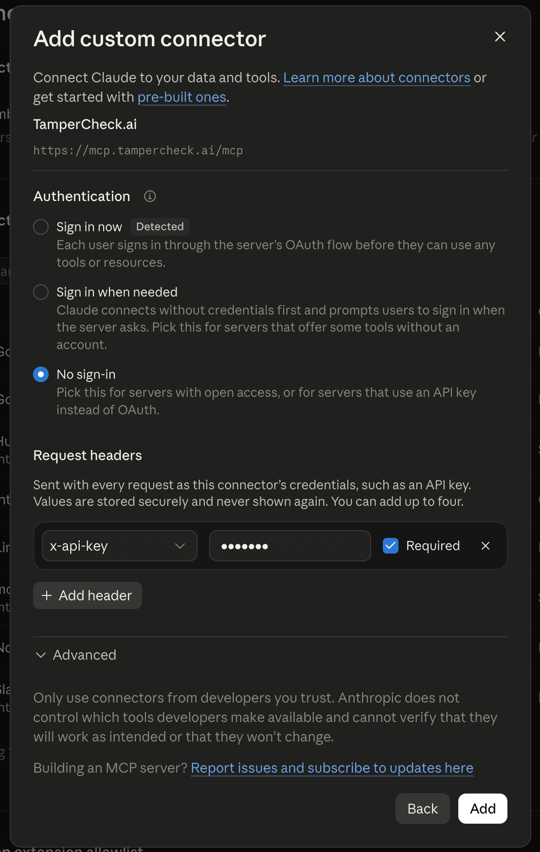 Connector configuration with No sign-in selected and a required x-api-key request header