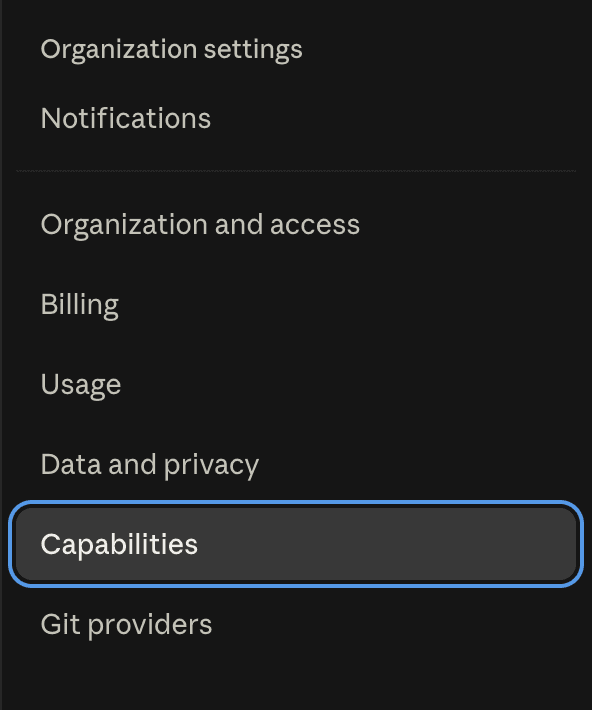 Organization settings menu with Capabilities highlighted