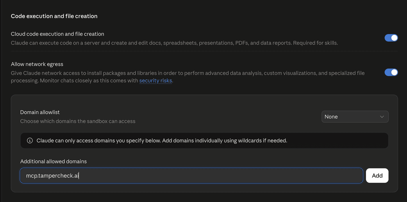 Personal account settings for code execution and file creation with mcp.tampercheck.ai typed into Additional allowed domains