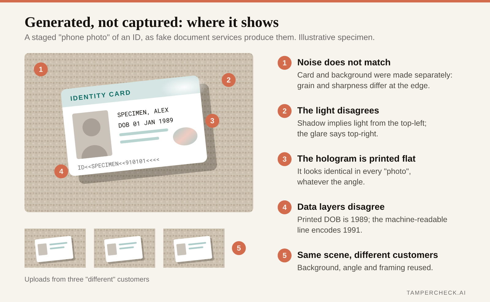 Illustrative staged ID photo annotated with five traces of generation: mismatched noise between card and background, contradictory lighting, a flat hologram, printed data that disagrees with the machine-readable line, and the same scene reused across customers