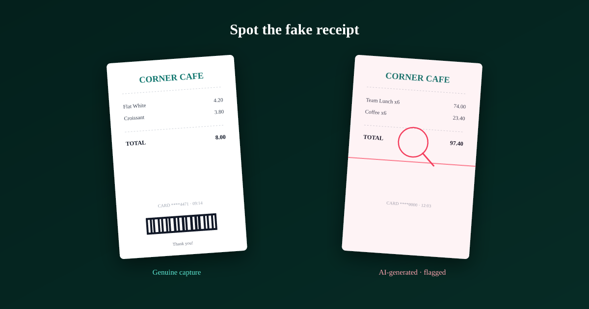 A genuine cafe receipt next to an AI-generated one flagged by forensic analysis. TamperCheck receipt fraud detection