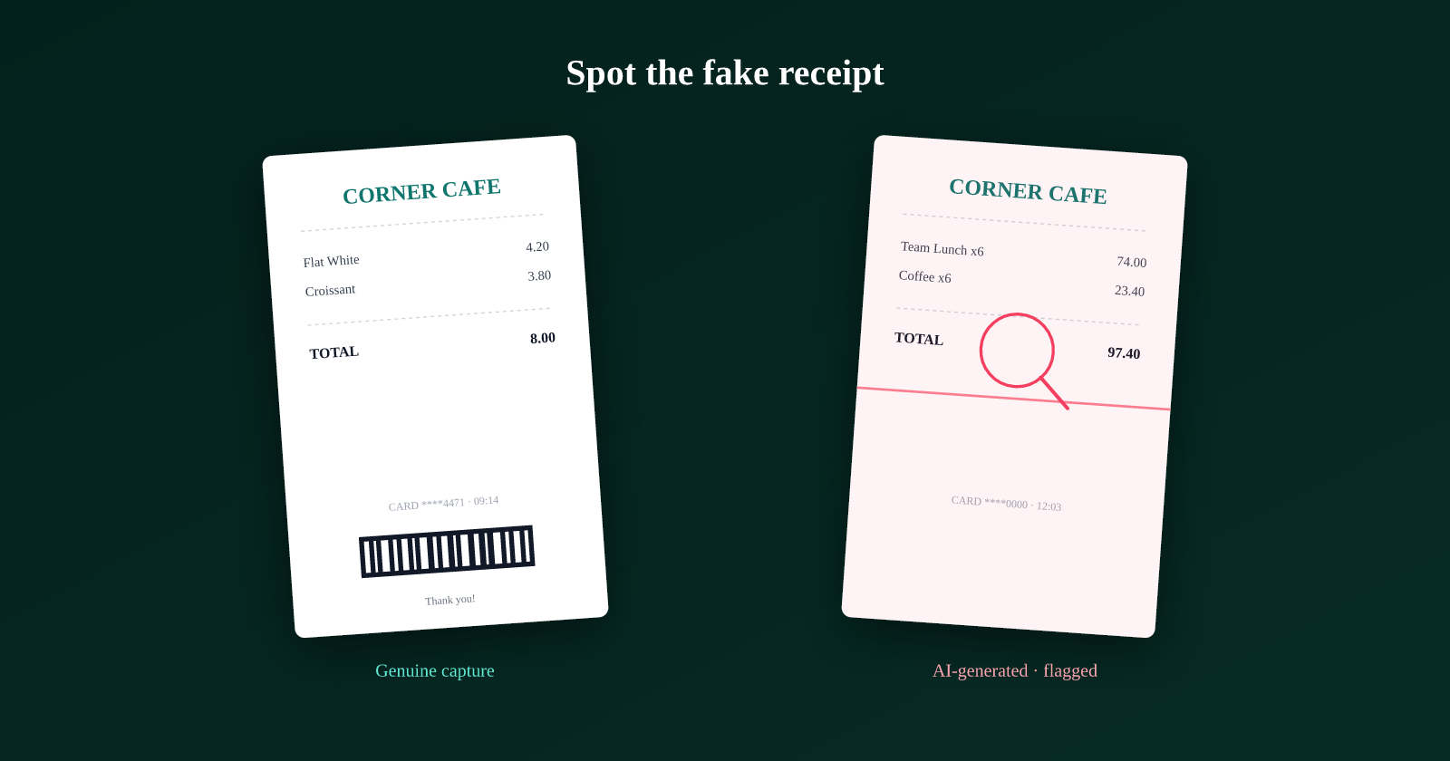 A genuine cafe receipt next to an AI-generated one flagged by forensic analysis. TamperCheck receipt fraud detection