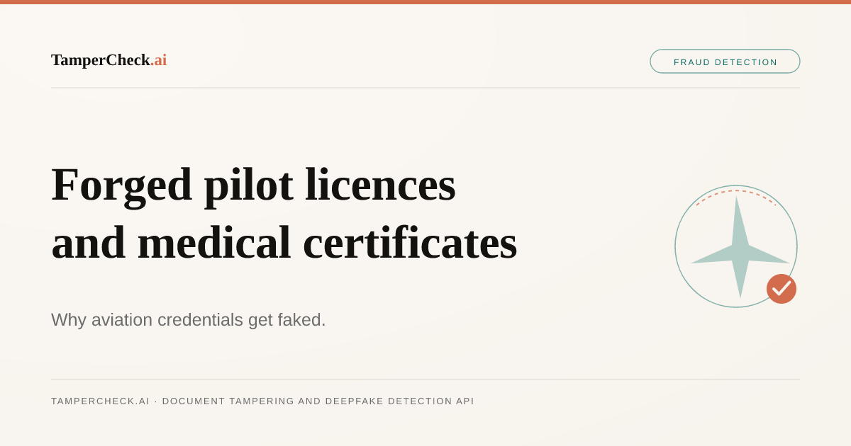 Aviation Document Fraud: How Fake Pilot Licences, Medical Certificates, and Crew Credentials Pass Undetected — TamperCheck.ai blog cover