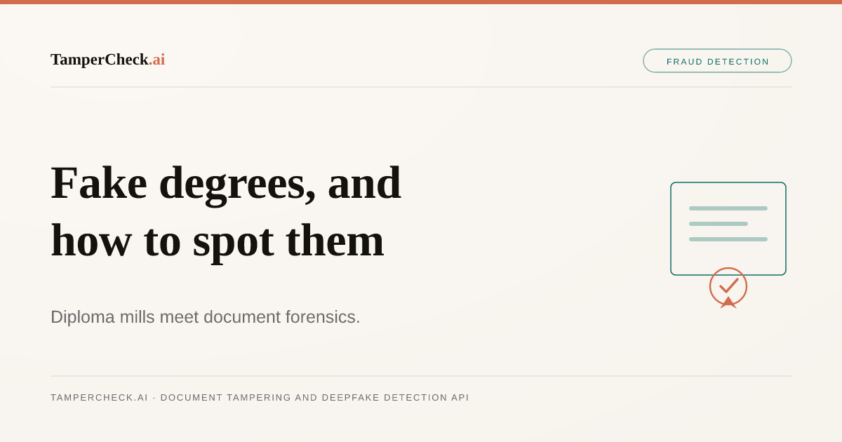 Fake Degree and Credential Fraud Detection: What AI Forensics Finds in Fabricated Qualifications — TamperCheck.ai blog cover