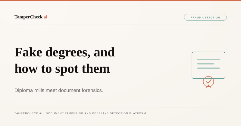Fake Degree and Credential Fraud Detection: What AI Forensics Finds in Fabricated Qualifications. TamperCheck.ai blog cover