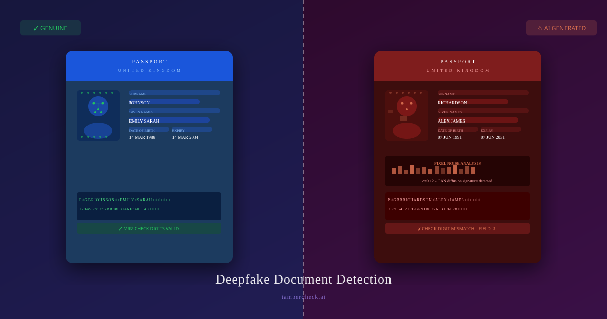 Side-by-side comparison: genuine passport (left) passing all forensic checks vs AI-generated synthetic passport (right) flagged by MRZ mismatch, pixel noise, and GAN signature