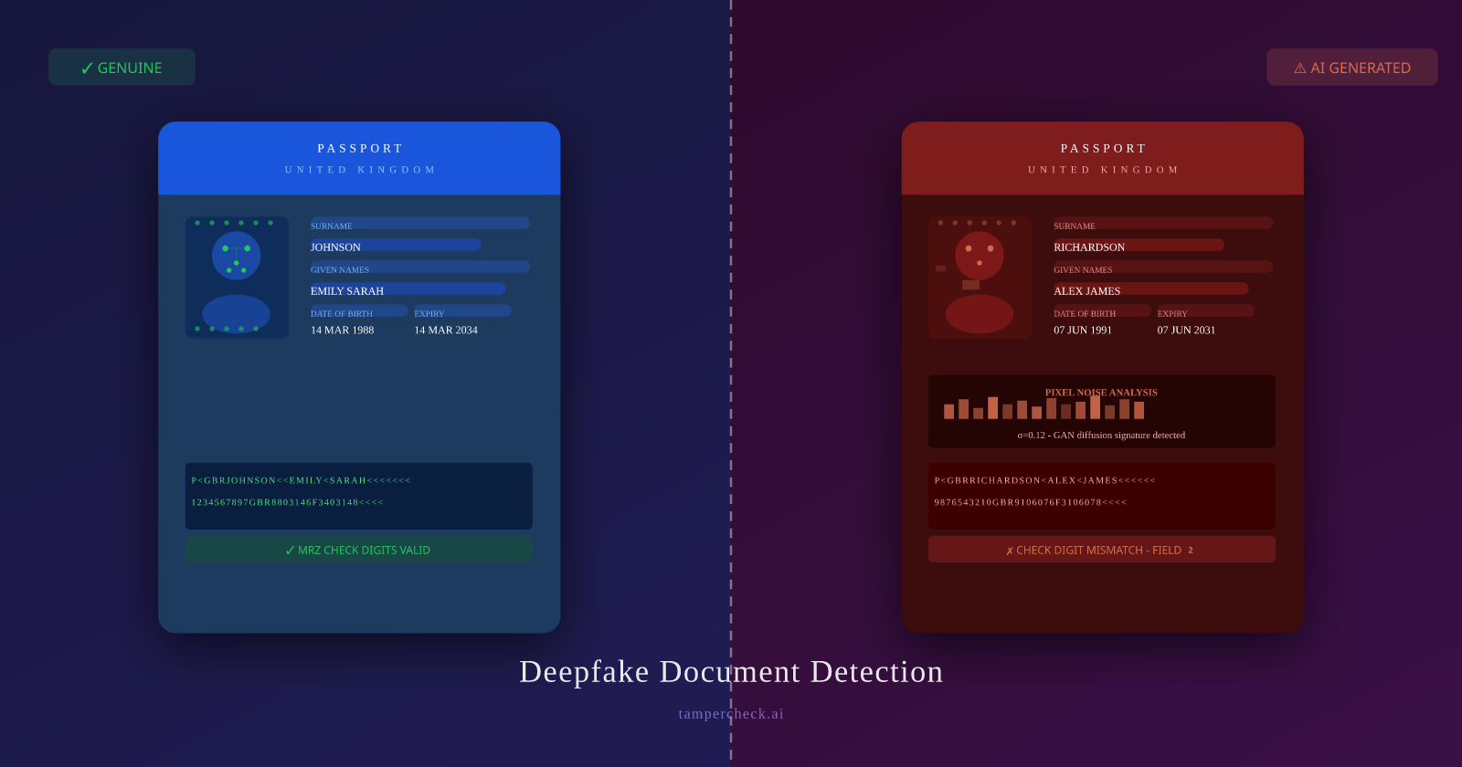 Side-by-side comparison: genuine passport (left) passing all forensic checks vs AI-generated synthetic passport (right) flagged by MRZ mismatch, pixel noise, and GAN signature