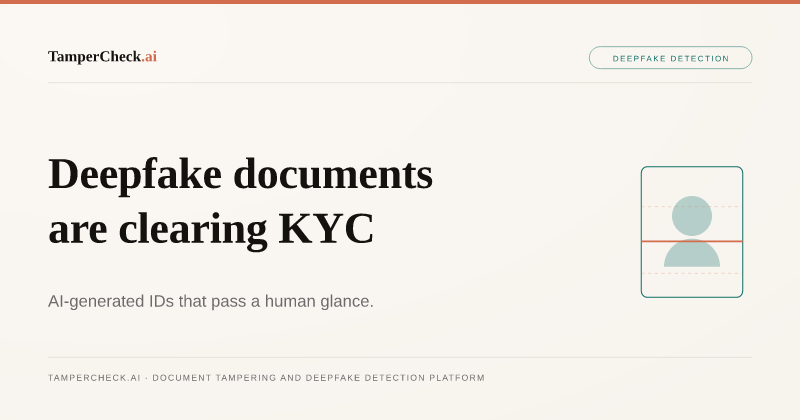 Deepfake Document Fraud: How AI-Generated IDs Are Slipping Through KYC Checks. TamperCheck.ai blog cover
