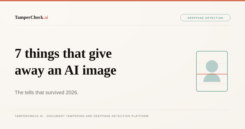 The 7 Things That Give Away an AI-Generated Image in 2026. TamperCheck.ai blog cover