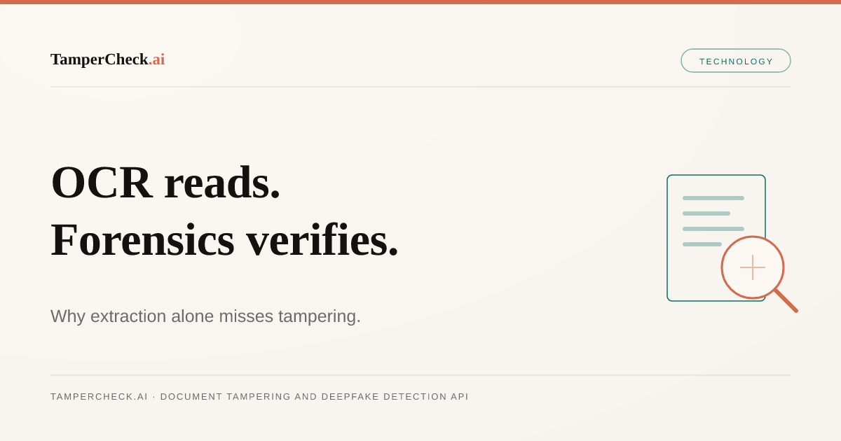 Document Tampering Detection vs OCR: Why Extracting Text Is Not the Same as Verifying It — TamperCheck.ai blog cover