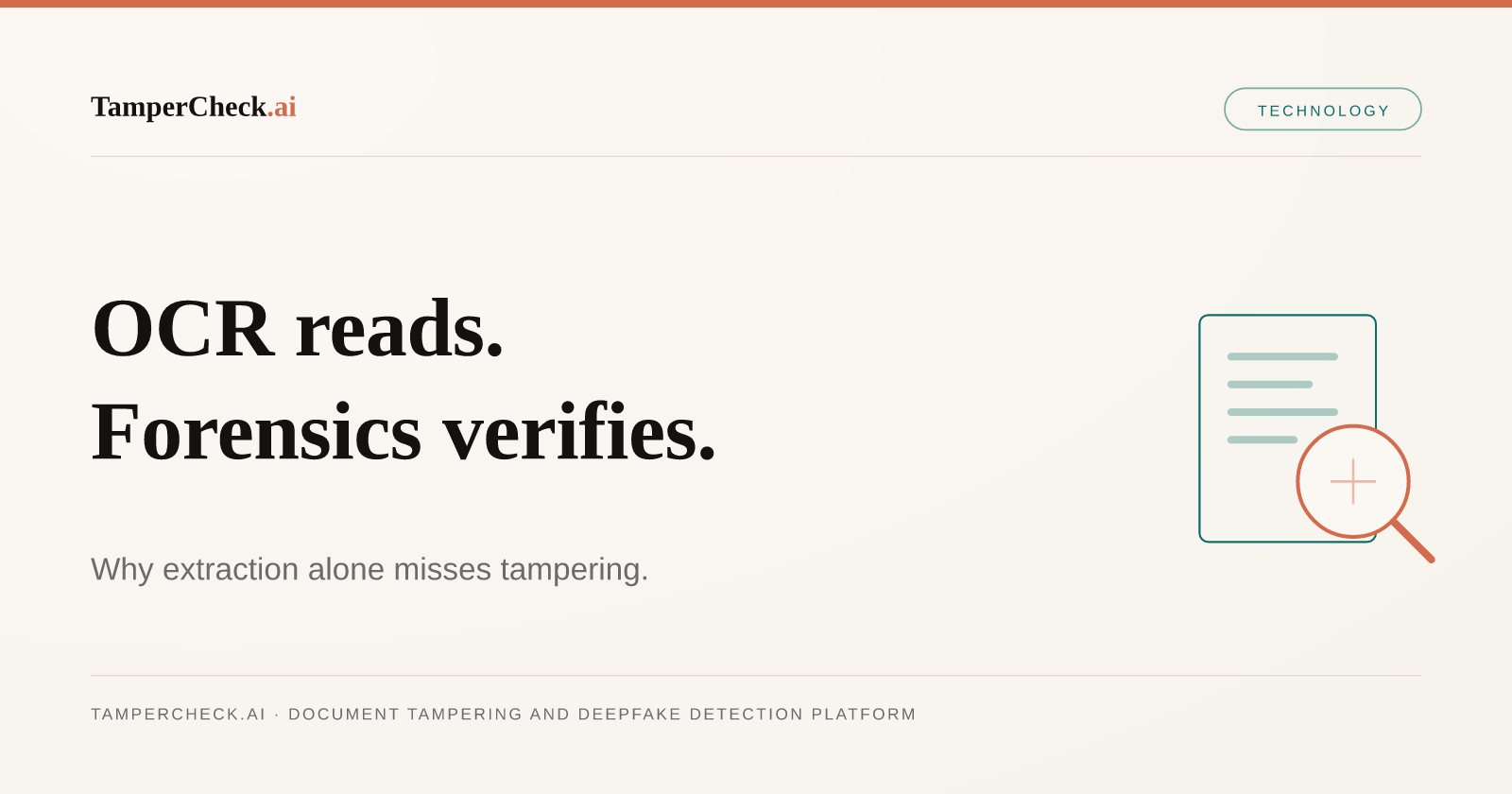 Document Tampering Detection vs OCR: Why Extracting Text Is Not the Same as Verifying It — TamperCheck.ai blog cover