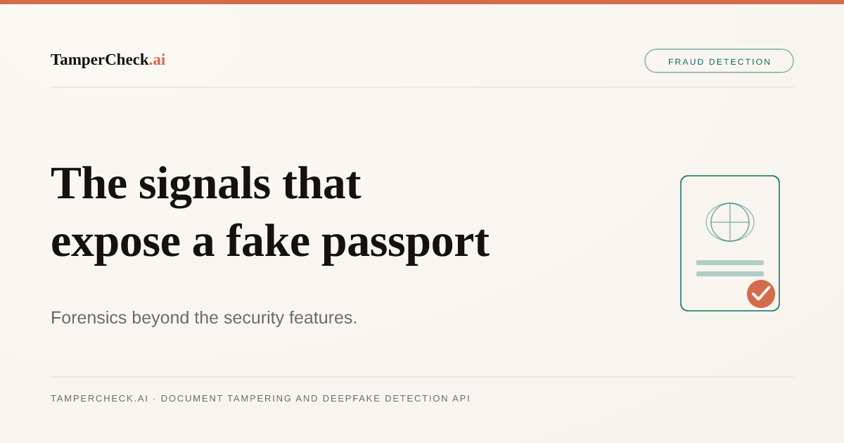 Fake Passport Detection: The Forensic Signals That Expose a Forged Travel Document — TamperCheck.ai blog cover