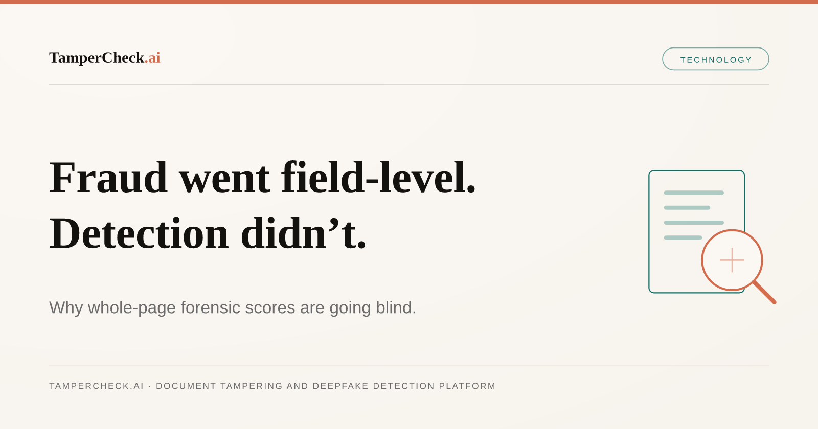 Document Fraud Went Field-Level. Most Detection Still Scores the Whole Page.. TamperCheck.ai blog cover