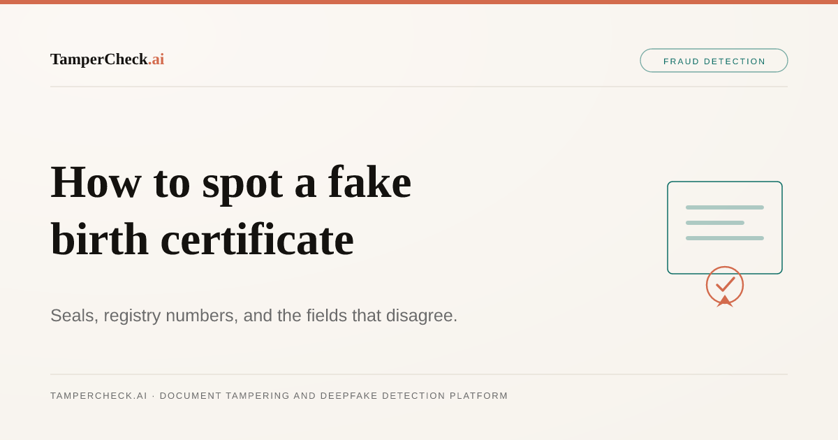 How to Spot a Fake Birth Certificate: Features, Red Flags and How to Verify. TamperCheck.ai blog cover