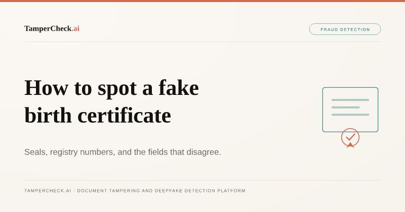 How to Spot a Fake Birth Certificate: Features, Red Flags and How to Verify. TamperCheck.ai blog cover