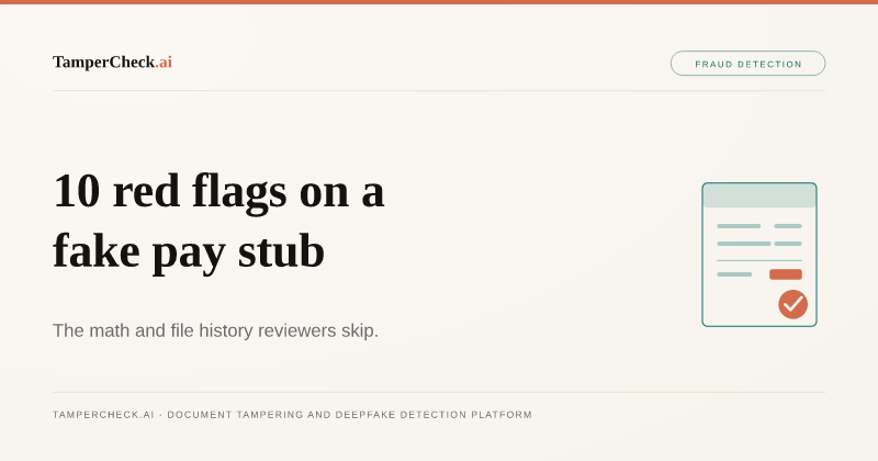 How to Spot Fake Pay Stubs: 10 Red Flags Underwriters and Landlords Miss. TamperCheck.ai blog cover