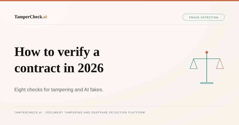 How to Verify a Contract in 2026: 8 Checks for Tampering and AI Fakes. TamperCheck.ai blog cover
