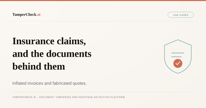 Insurance Claim Document Fraud: How AI Agents Catch Inflated and Fabricated Claims. TamperCheck.ai blog cover