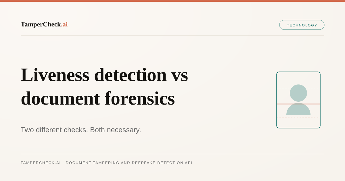 Liveness Detection vs Document Forensics: Two Layers Every Identity Stack Needs — TamperCheck.ai blog cover