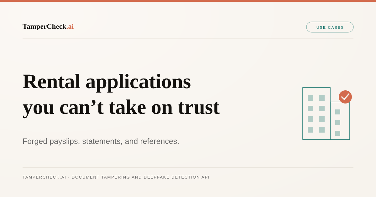 Rental Application Document Fraud: How Property Managers Can Stop It at Submission — TamperCheck.ai blog cover