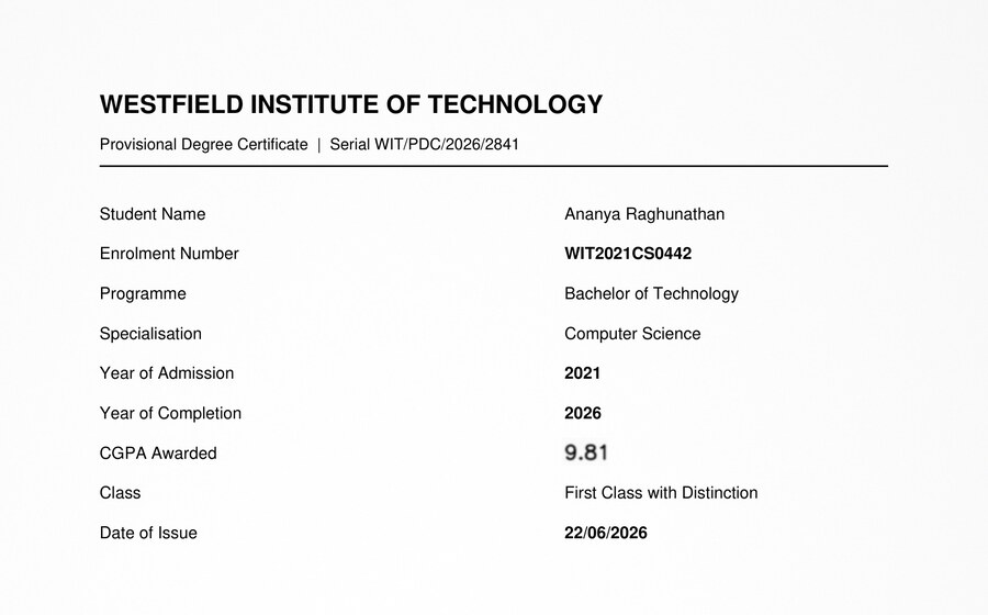 An invented provisional degree certificate from Westfield Institute of Technology, with student details, programme, and a CGPA of 9.81