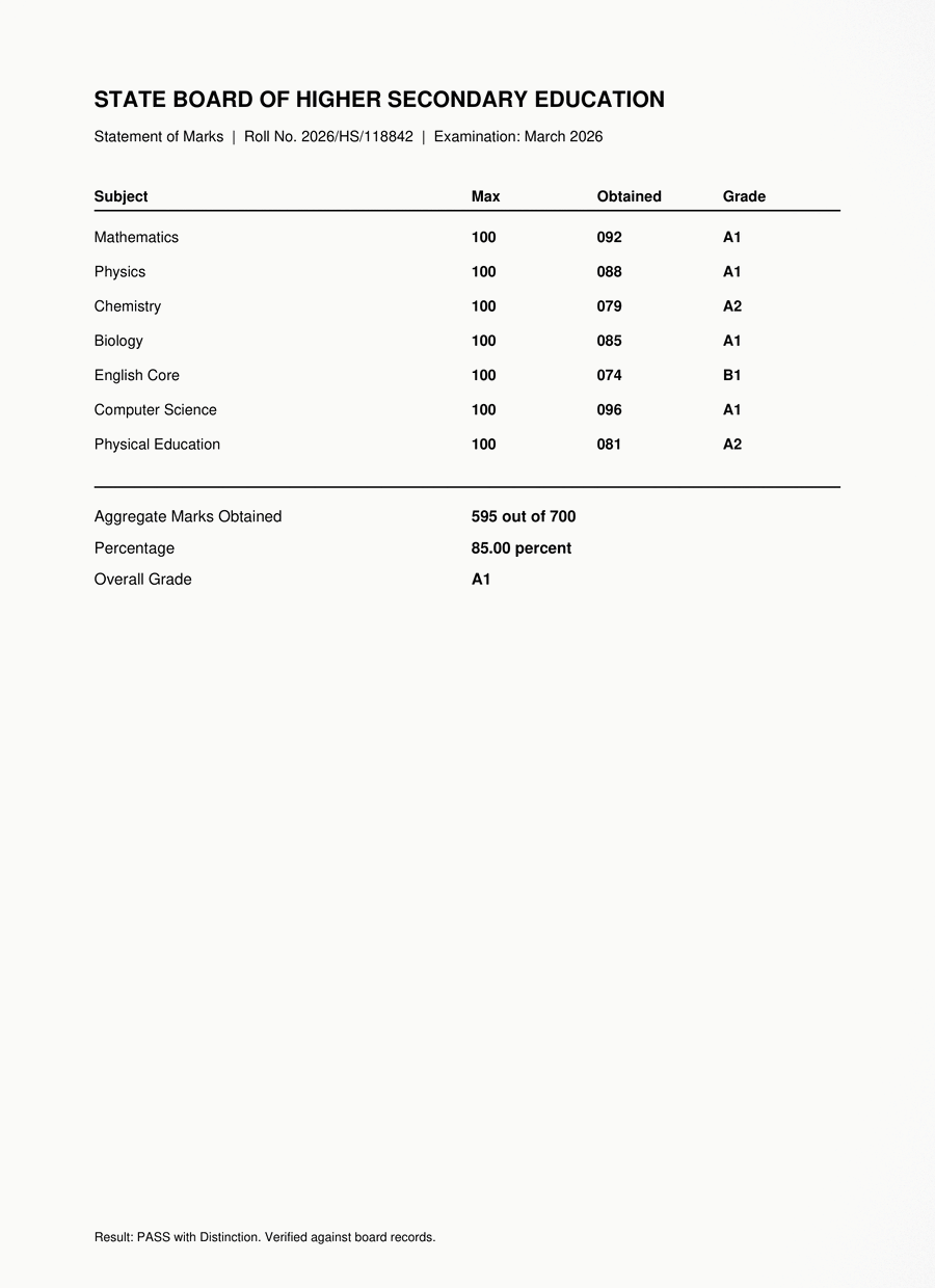 A completely AI-generated higher-secondary mark sheet showing invented subjects, marks, and an aggregate percentage, with no security background, stamp, or signature
